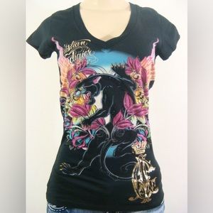 Christian Audigier Women Black Rhinestones Panther Short Sleeve V Neck Shirt